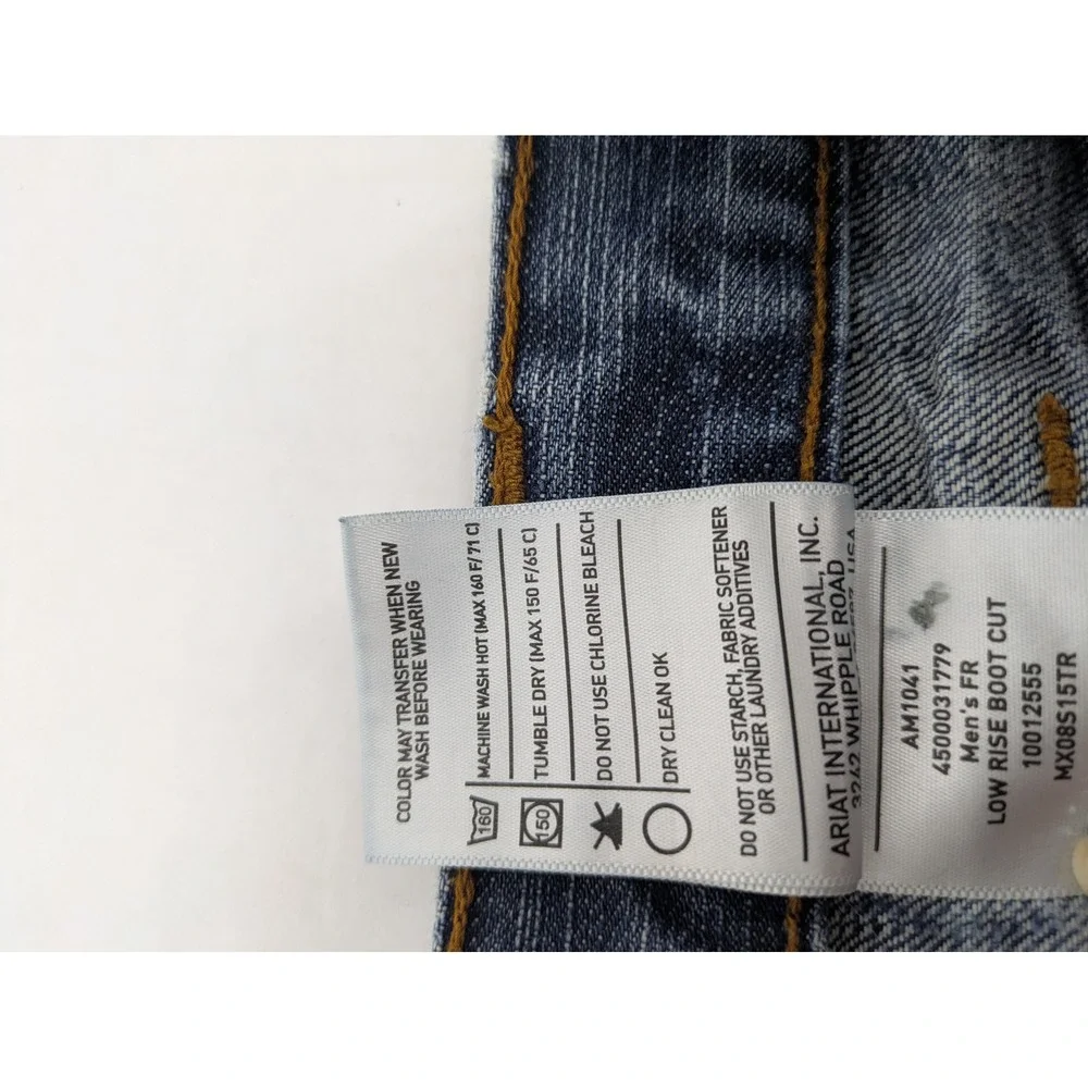 Ariat FR M4 Low Rise Boot Cut Jeans Mens 36x32 Blue Distressed Thrashed Workwear